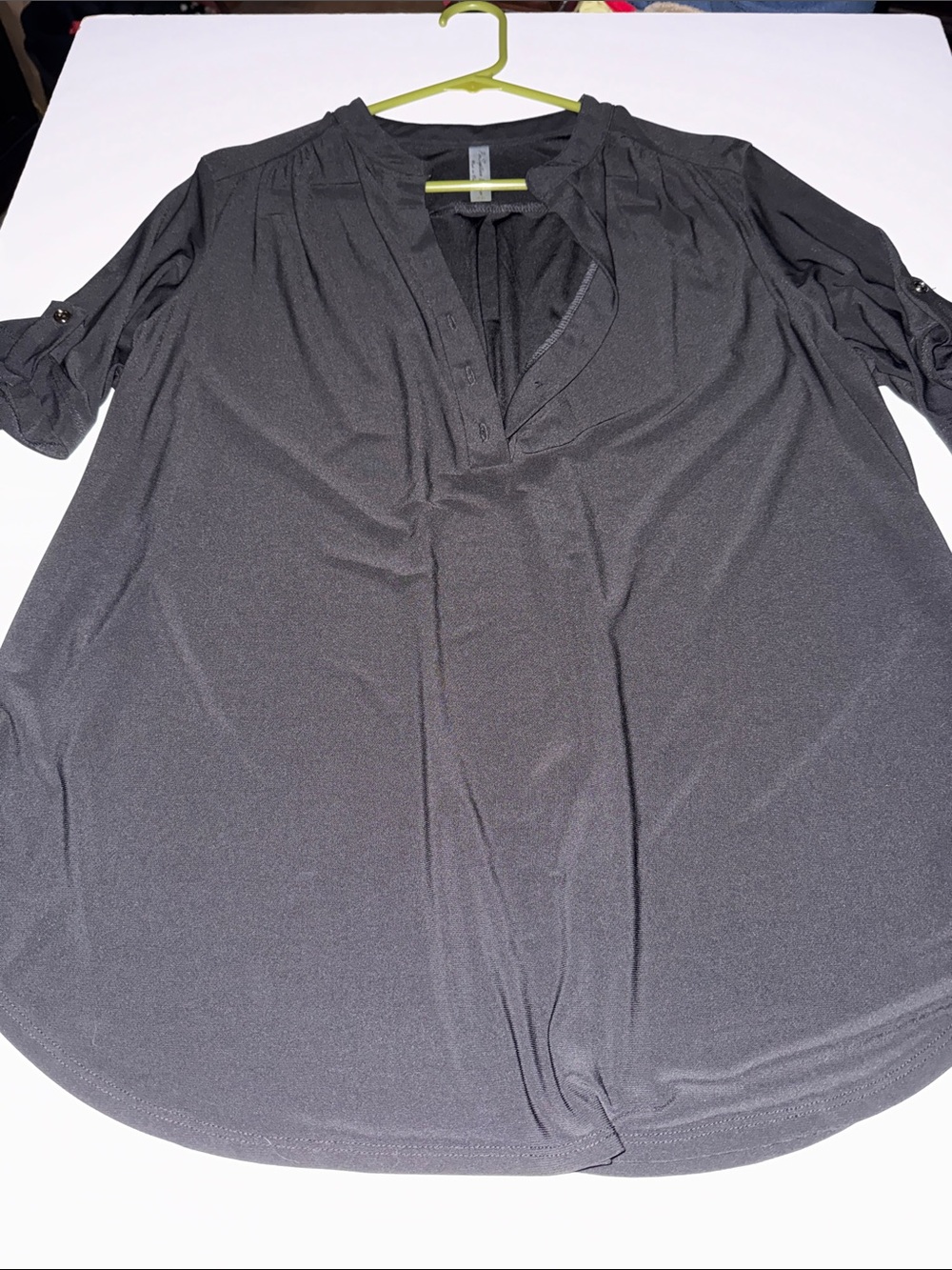 Perseption Black Split V-Neck Roll-Tab Sleeve Blouse